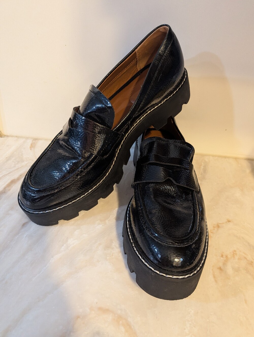 Franco Sarto Black Faux Patent Lug Sole Penny Loafers Size 8M Chunky Preppy